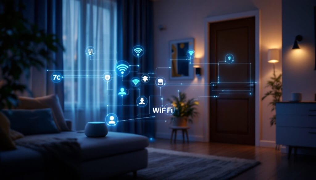 Smart gadgets like speakers, thermostats, and doorbells connected via seamless Wi-Fi 7 glowing signals.