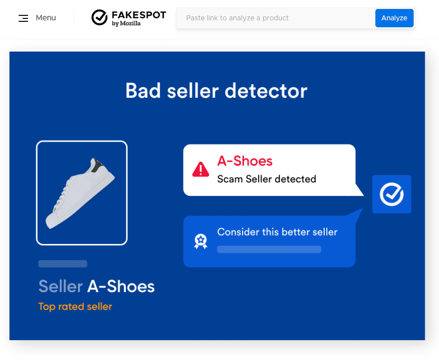 A screenshot of the Fakespot tool detecting a bad seller named A-Shoes, labeled as a scam seller, with a recommendation to consider a better seller.