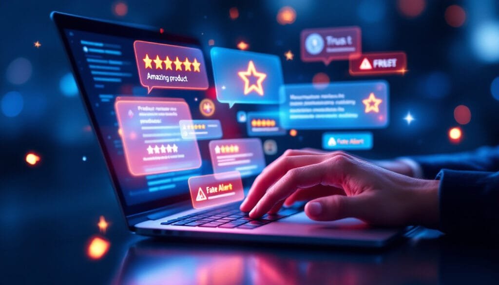 A hand hovering over a laptop keyboard with product reviews and ratings spilling out of the screen, showcasing fake vs. real feedback.