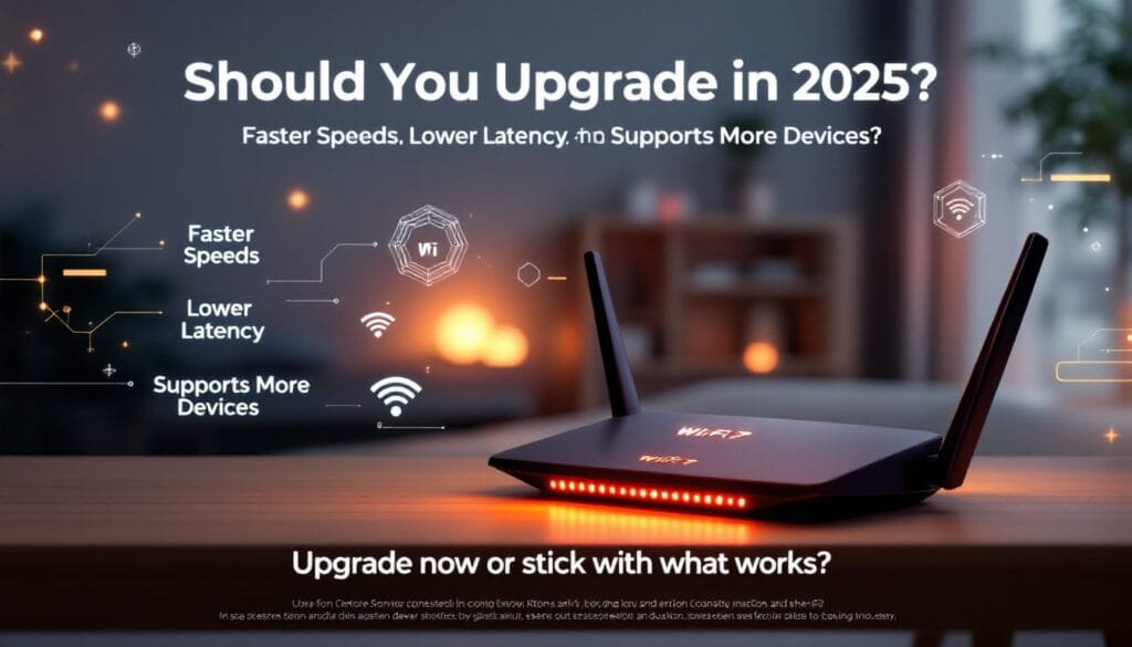 A futuristic router in a smart home, glowing data streams representing ultra-fast Wi-Fi 7 speeds.