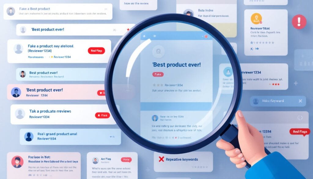 A person using a magnifying glass to analyze a wall of product reviews containing exaggerated praise, fake usernames, and red flag icons.