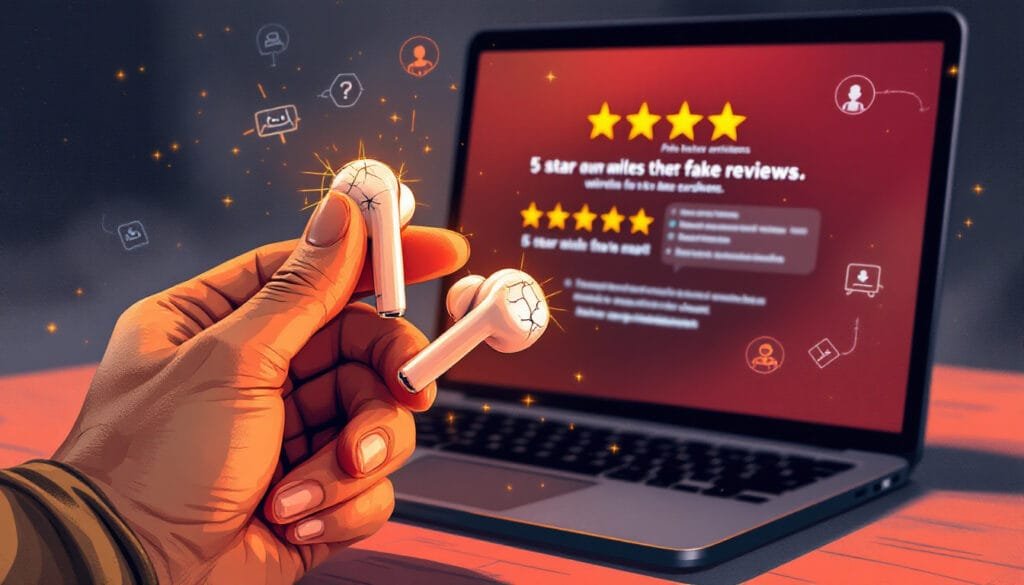 Illustration of a person holding a glowing pair of wireless earbuds with visible cracks, while a laptop screen in the background displays fake 5-star reviews and deceptive review symbols.