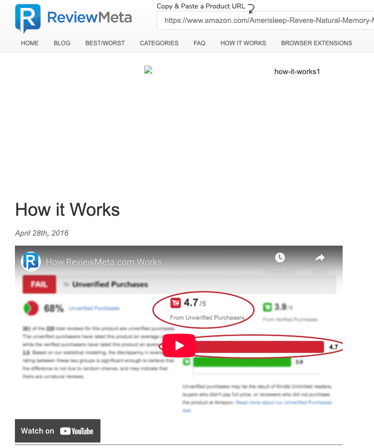 A ReviewMeta screenshot showing how the tool evaluates products by identifying unverified purchases, highlighting a 4.7/5 rating from unverified reviewers and a comparison to verified ratings.