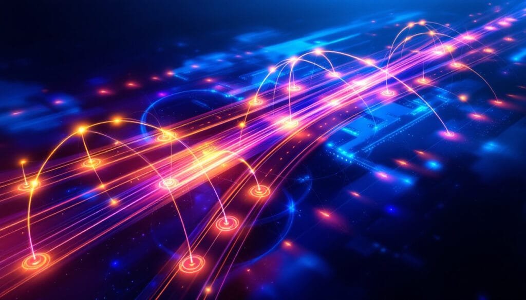 A conceptual split highway representing Wi-Fi 7's Multi-Link Operation across 2.4 GHz, 5 GHz, and 6 GHz bands.