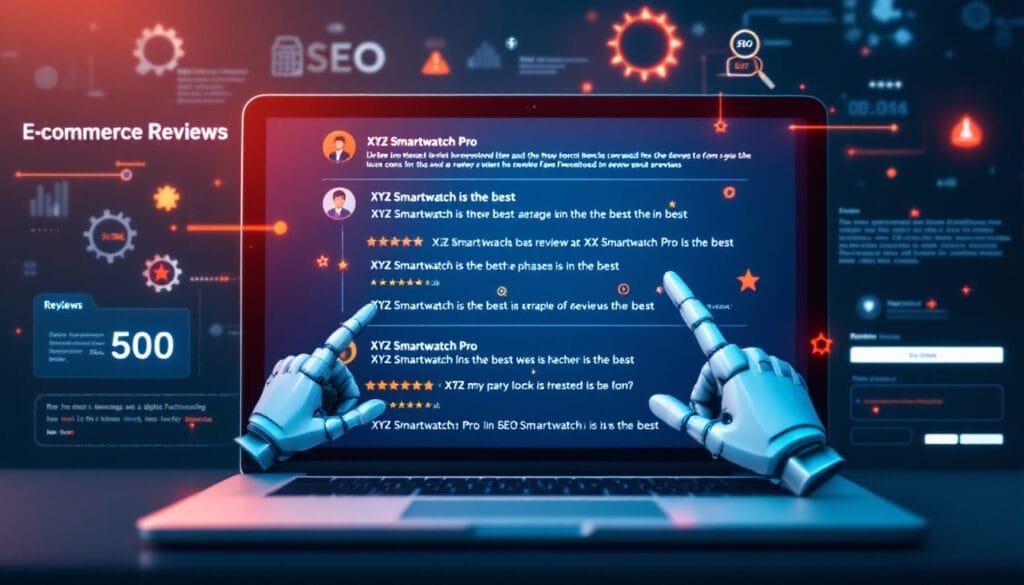 A laptop screen displaying an e-commerce review section with repeated phrases like 'XYZ Smartwatch Pro is the best' highlighted, alongside robotic hand icons.
