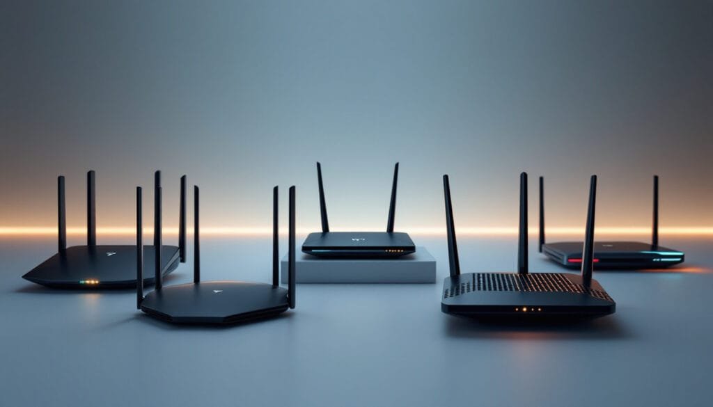 Sleek futuristic designs of Wi-Fi 7 routers, glowing to symbolize advanced performance.