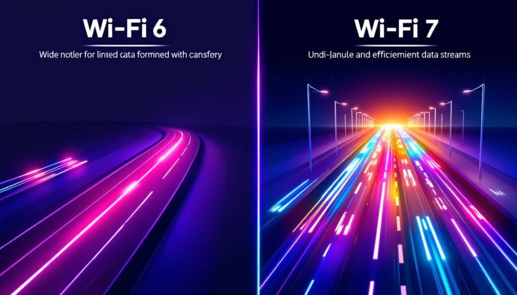 Comparison of Wi-Fi 6 with narrow data highways and Wi-Fi 7 with wide, glowing multi-lane highways for data flow.