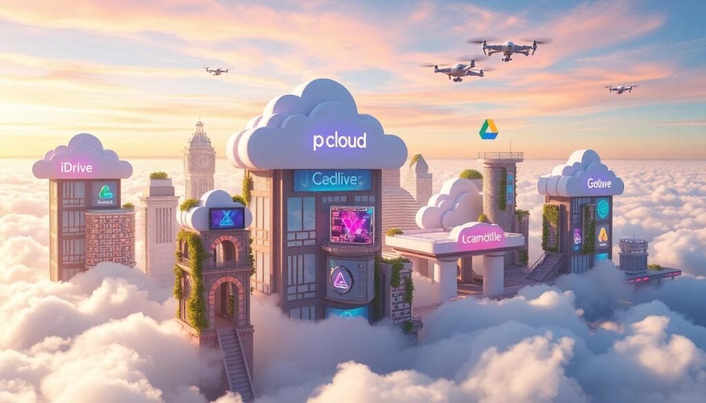 Futuristic cityscape of cloud icons for providers like IDrive, pCloud, and Sync.com.