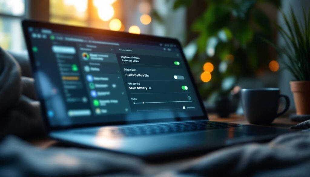 A laptop screen showing brightness and refresh rate settings being adjusted in a cozy workspace.