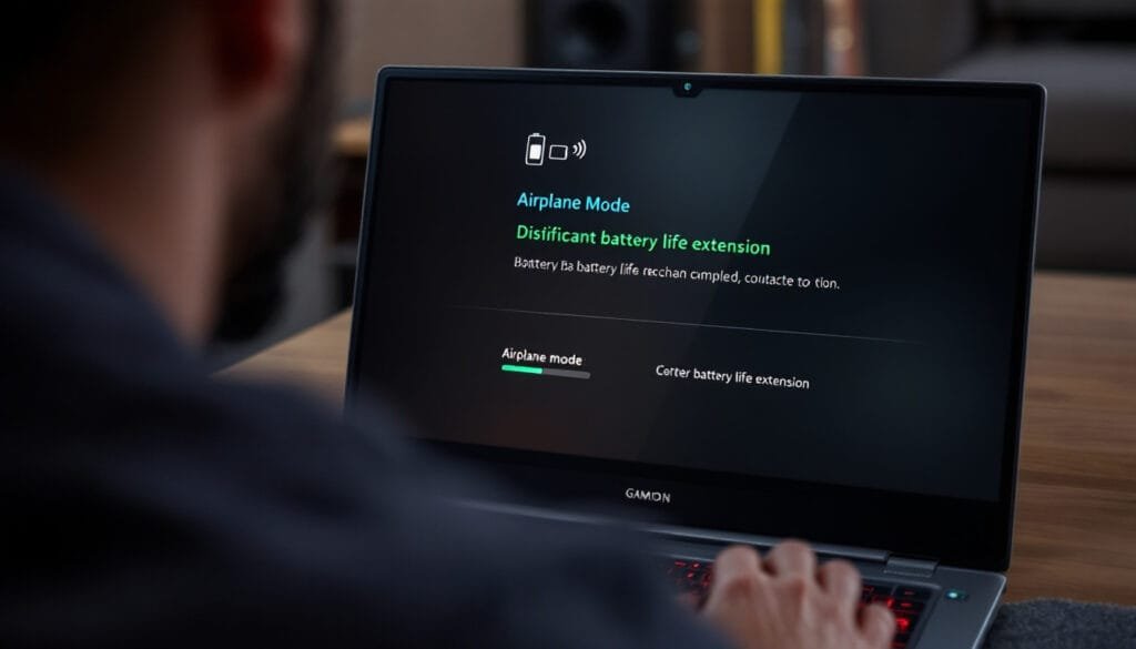 A gaming laptop running on Airplane Mode for extended battery life during offline use.