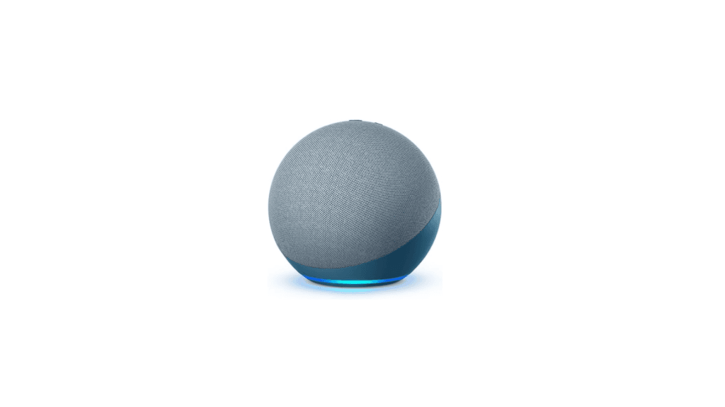 The Amazon Echo 4th generation smart speaker with a modern spherical design and glowing blue light ring.