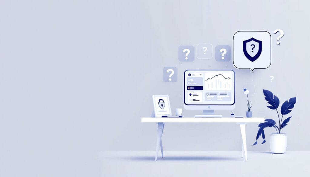 A modern FAQ desk with question marks floating above, a computer displaying a VPN dashboard, and a secure shield icon.