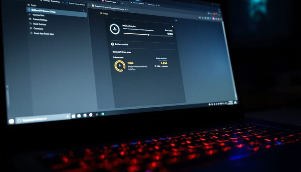 A gaming laptop running medium graphics settings with a balanced mode indicator on screen in a dark room.
