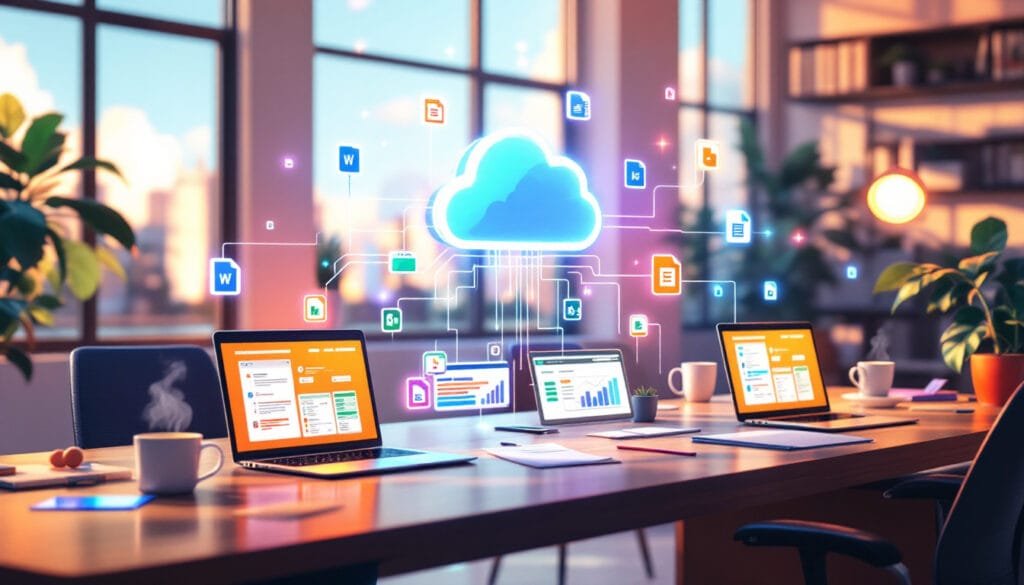 A cloud connecting to Google Workspace and Microsoft Office tools, surrounded by app icons.