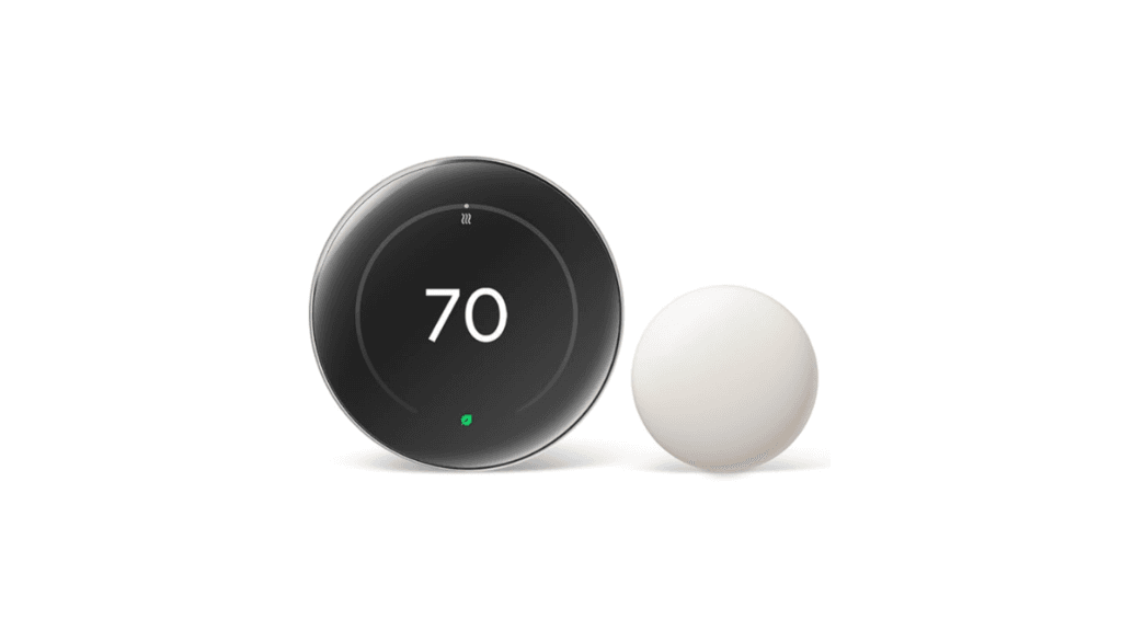 Nest Learning Thermostat with a sleek, circular design, showcasing its digital display, paired with a temperature sensor—an essential example of smart home products enhancing energy efficiency.