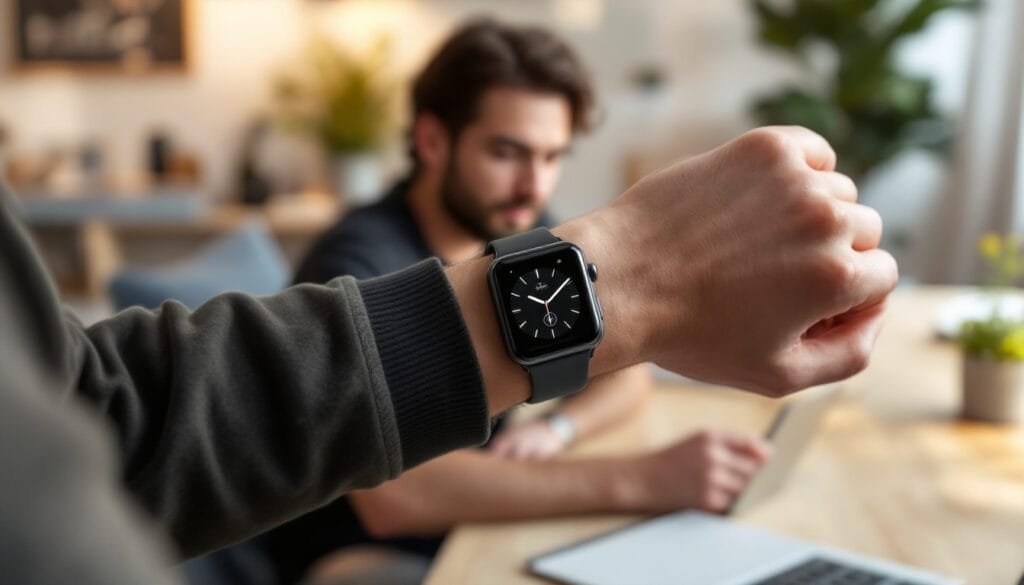 A minimalist workspace featuring a person interacting with a hybrid smartwatch emphasizing selective connectivity.