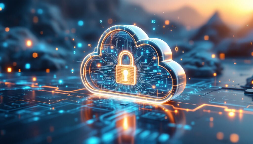A glowing cloud-shaped lock with intricate encryption graphics in the background.