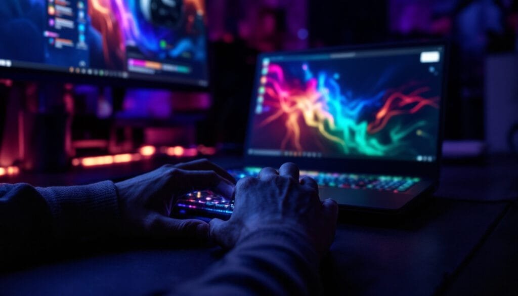 A gamer turning off RGB lighting on their keyboard to conserve battery during gaming.