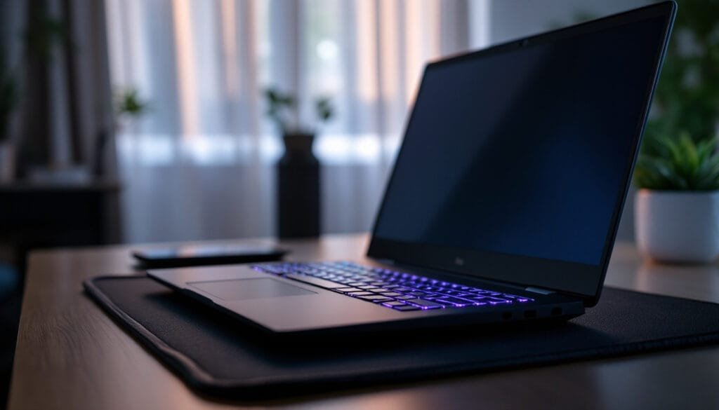 A gaming laptop resting on a cooling pad to prevent overheating in a home office setup.