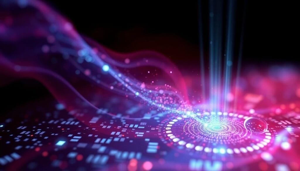 Google's Ai: Abstract visualization of SynthID embedding resilient invisible watermarks into digital content.