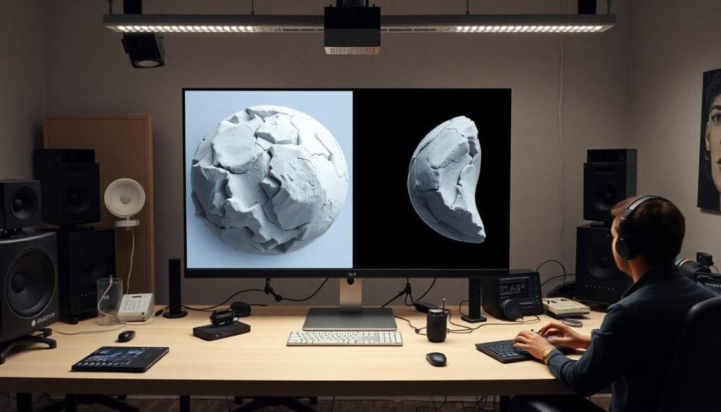 A creative studio workspace showcasing AI-generated 3D content with visible quality issues, such as warped textures and incomplete details.