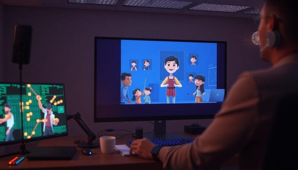 AI simplifying advanced motion capture by animating characters from basic video footage in a workspace.
