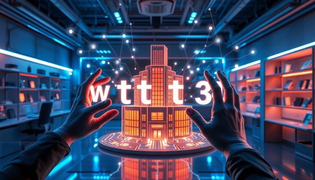 AI lab visualizing text-to-3D technology converting text descriptions into futuristic 3D building models.
