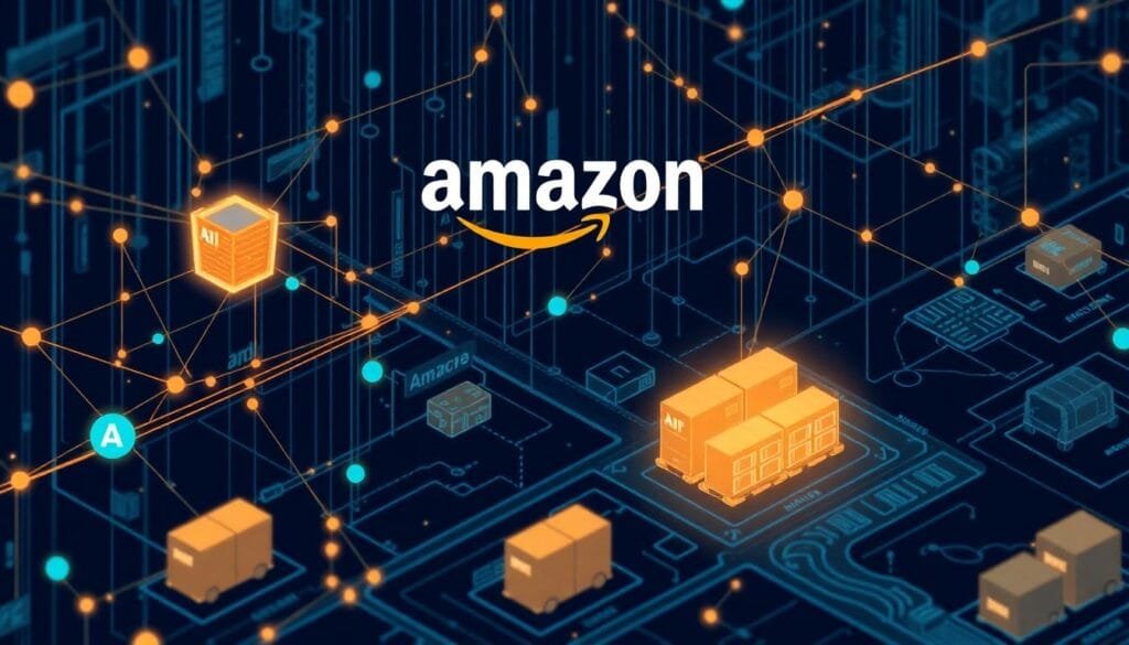AI systems visualizing demand prediction and delivery optimization within Amazon's Fulfillment Strategy.