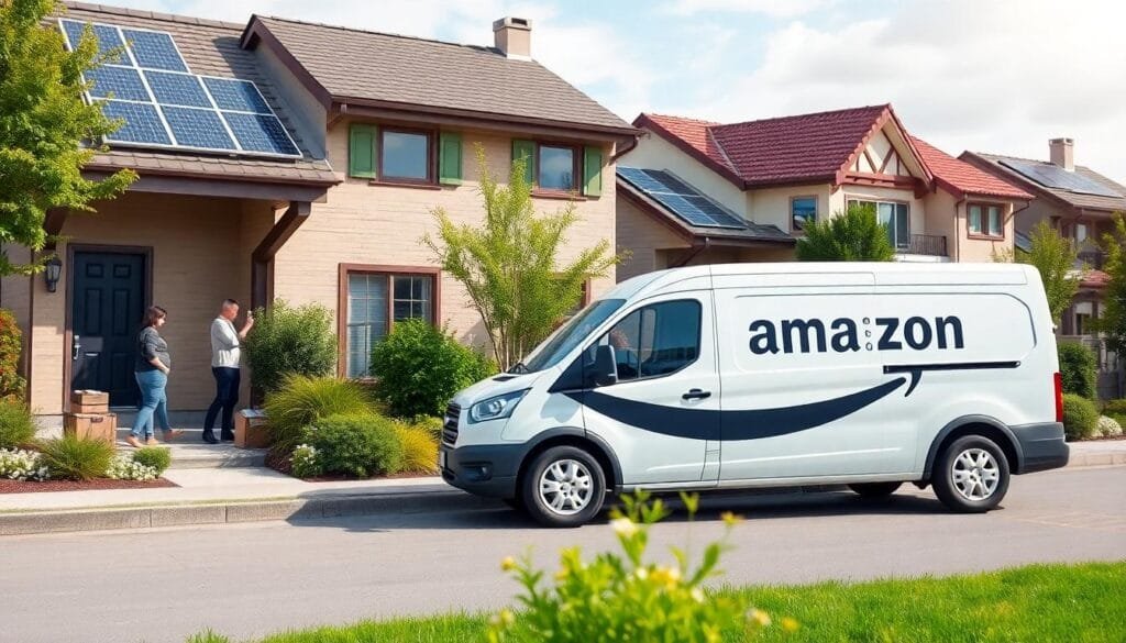 Amazon's electric delivery vans within green neighborhoods reducing environmental impact under its fulfillment strategy.