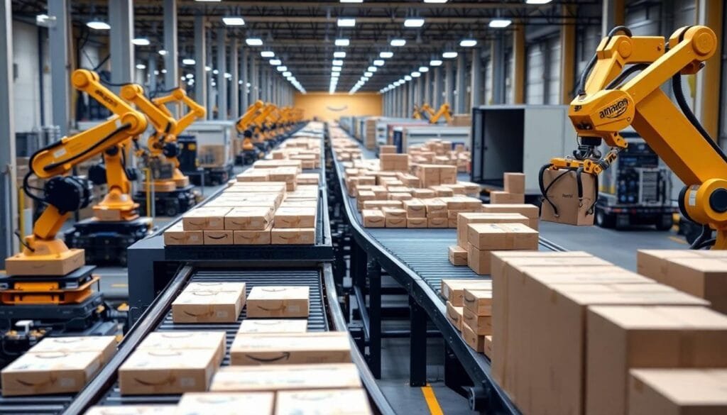 Amazon Fulfillment by Amazon (FBA) process with conveyor belts carrying Prime-packaged parcels.