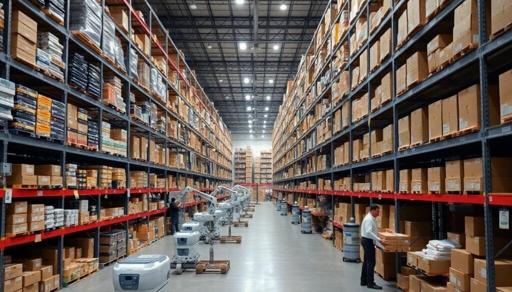 Inside an Amazon warehouse showcasing shelves loaded with products and robots actively managing inventory.