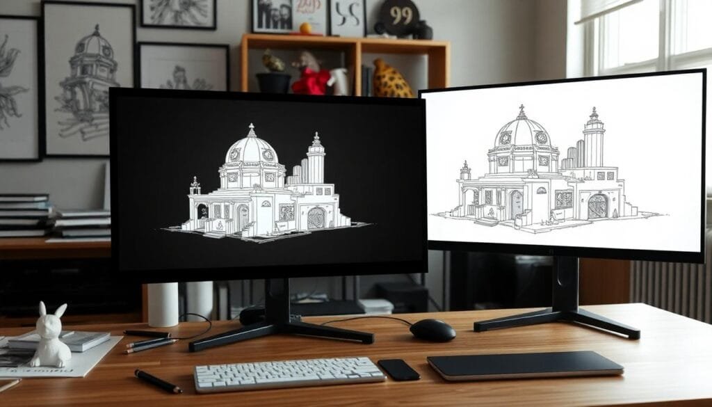An artist's studio demonstrating AI transforming 2D sketches into 3D content using neural algorithms.