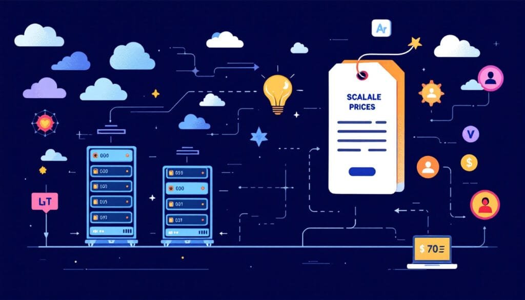 Scalable pricing plans with growing stacks of coins and data racks representing capacity growth.