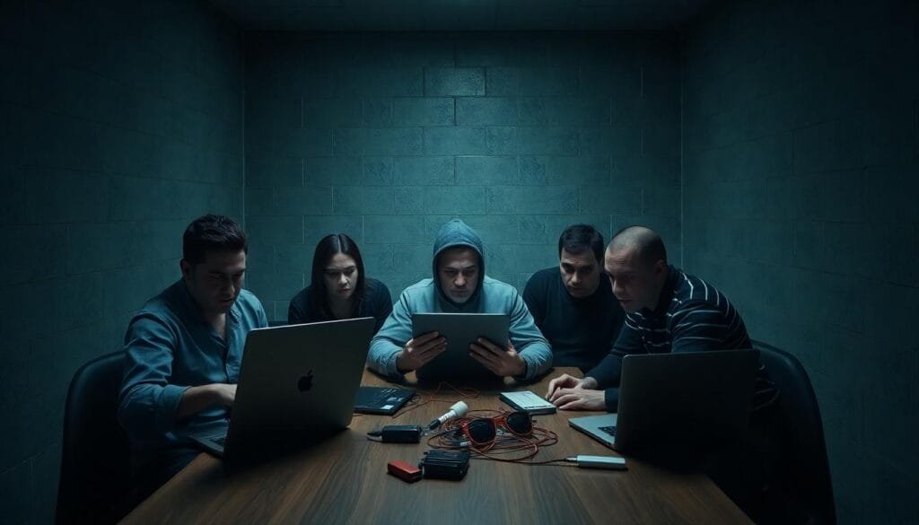 North Korean citizens punished for unauthorized digital access; interrogation room illustration.