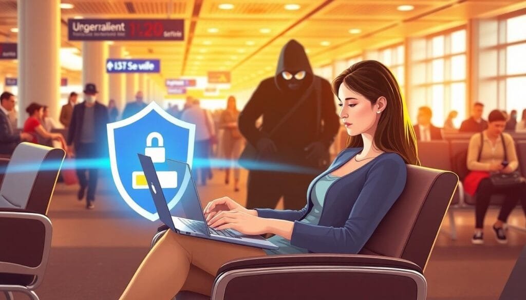 A woman using a laptop in a busy airport lounge with a VPN security shield icon, while a hooded figure lurks in the background. The image represents online security concerns and explores Does a VPN Slow Down Internet Speed when protecting data on public networks.