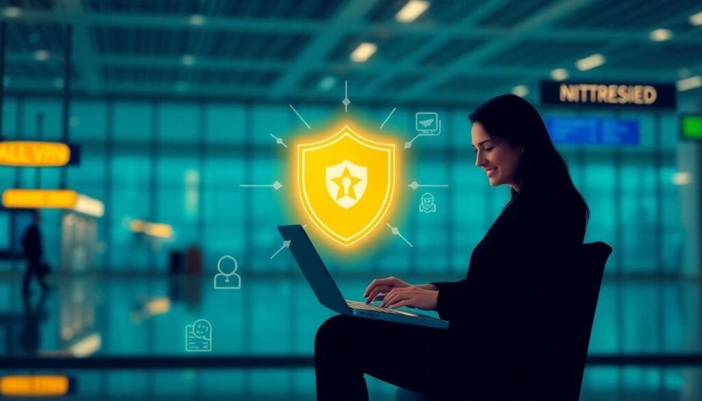 What is a VPN visual showing a glowing shield protecting a person using a laptop in an airport setting from hackers and surveillance.