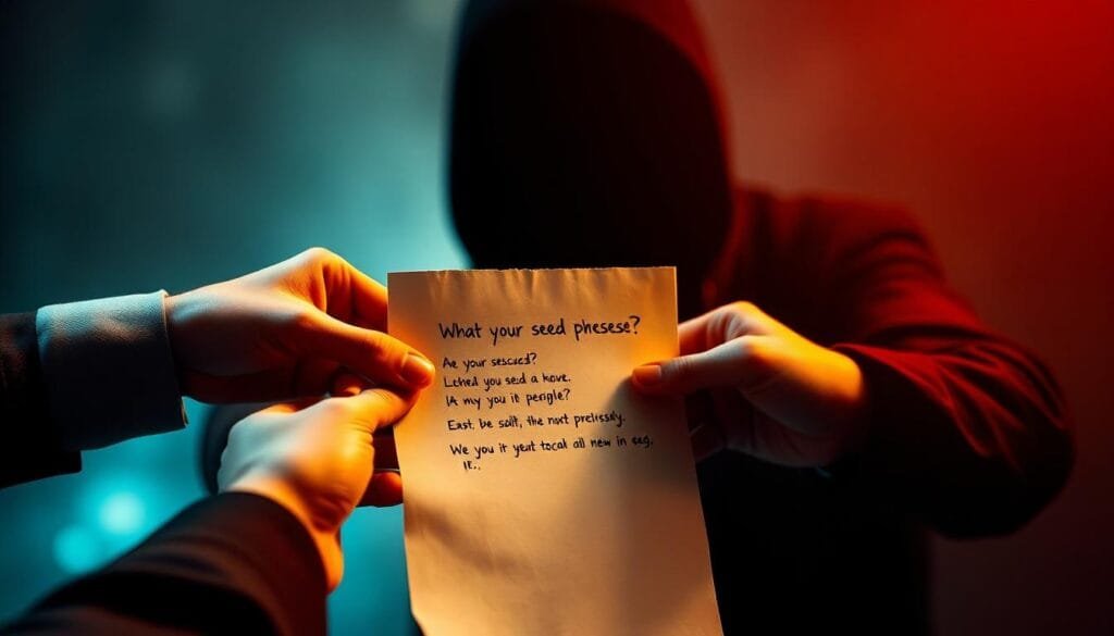 Crypto Security, phony tech support scam represented by the transfer of a seed phrase to a shadowy figure.