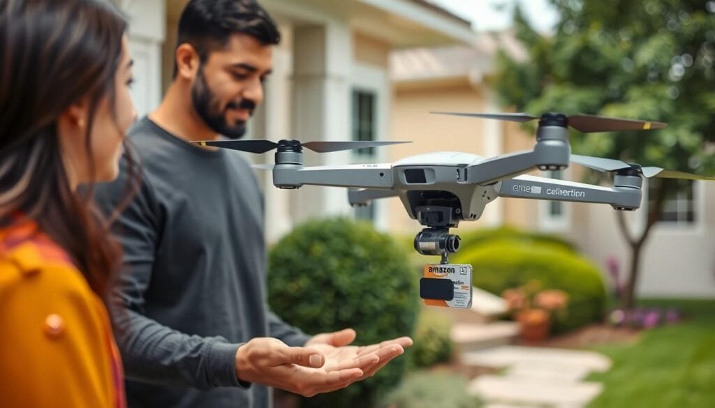 An Amazon same-day delivery drone dropping off medication to a residence.
