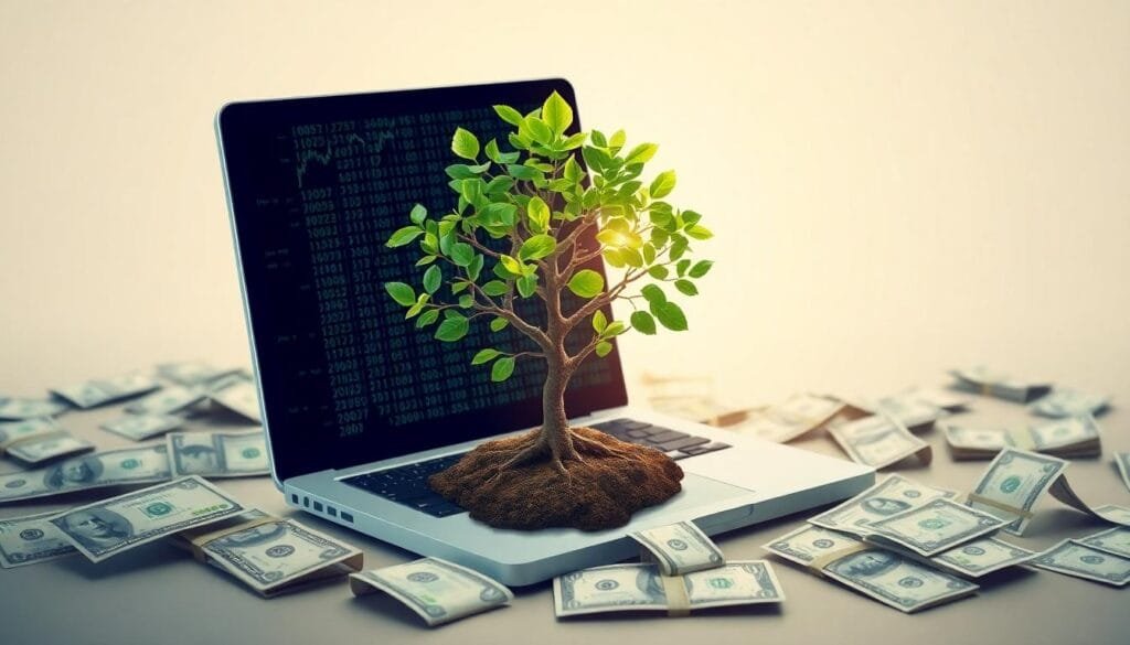 Tree growing from a laptop, symbolizing growth and profitability of cybersecurity investments like Wiz's acquisition by Google.