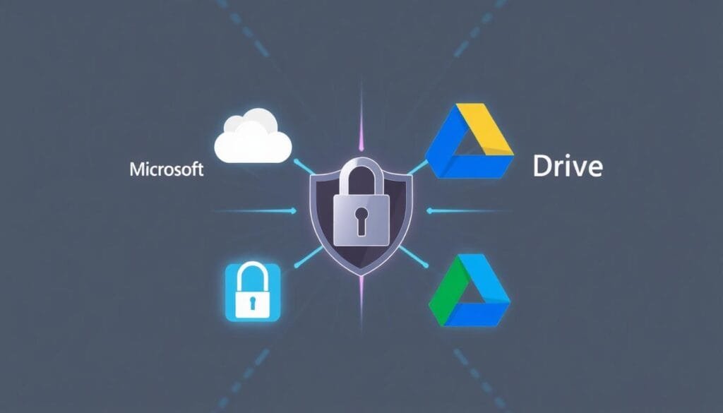 Data security comparison between Microsoft OneDrive and Google Drive, featuring a central shield icon with a padlock flanked by logos of Microsoft and Google Drive.