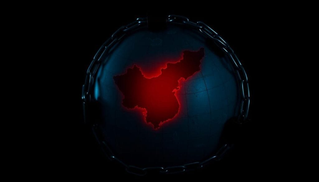 A dystopian digital depiction reflecting internet restrictions and VPN bans in North Korea, with a chained symbolic globe emitting a red glow.