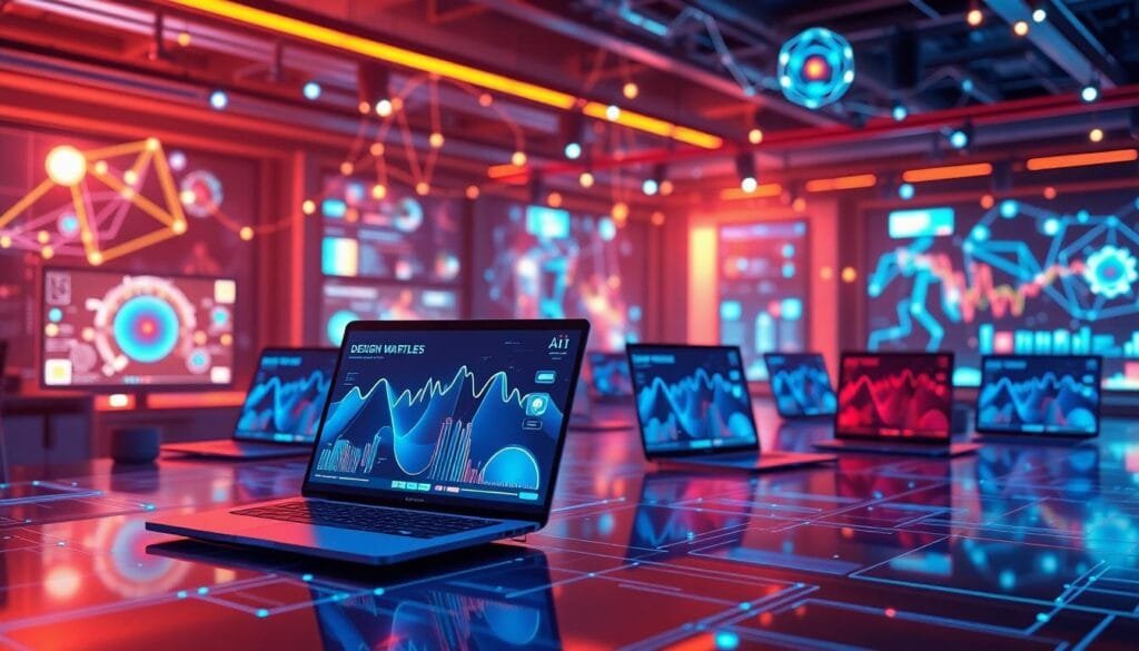 AI-generated 3D product visuals showcased in a digital marketing workspace with glowing neural networks.