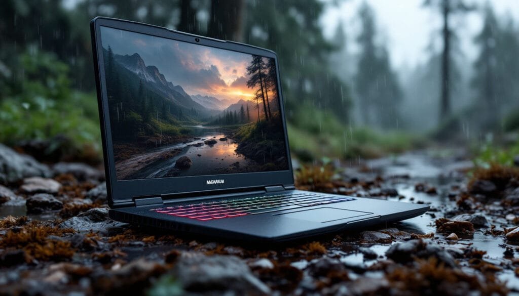A rugged 2025 gaming laptop with a magnesium build, positioned in an outdoor setting with rain elements.
