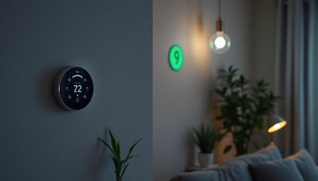 A smart home energy-efficient setup with Philips Hue lighting and a smart thermostat showcasing reduced carbon footprints.