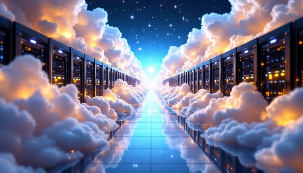 Rows of glowing servers blending into infinite clouds, symbolizing increased storage for individuals.