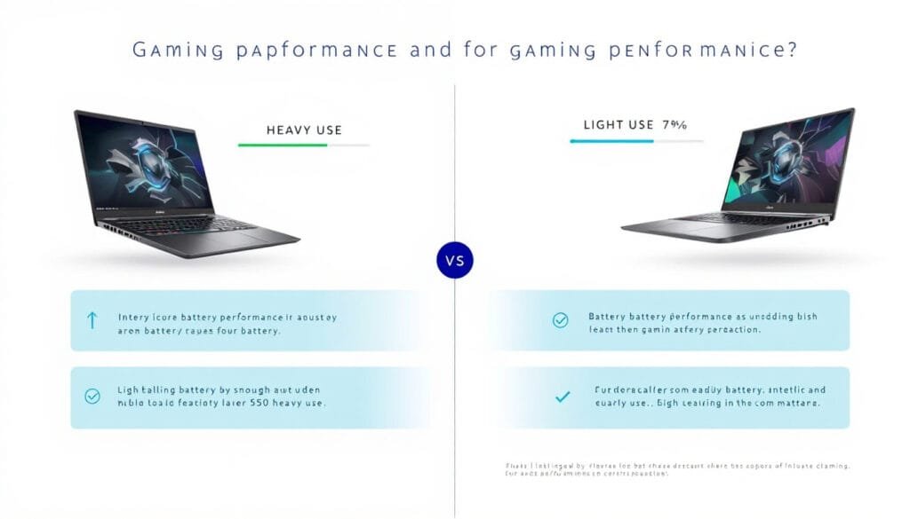 Infographic-style comparison of gaming laptops showcasing battery performance for heavy and light usage.
