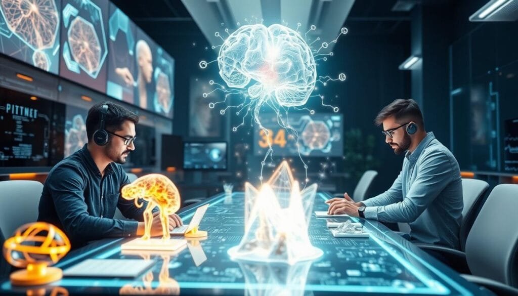 A futuristic workspace showcasing AI-generated 3D content with glowing holographic models, neural pathways, and human creators collaborating seamlessly.