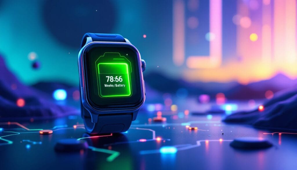 Alt Text: Hybrid smartwatch battery life visualization showcasing weeks of usage with minimal charging needs.