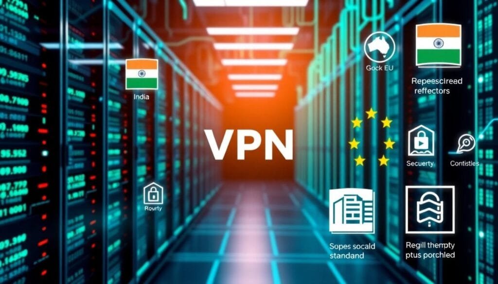 A futuristic visualization of regulated VPN usage laws in India and the EU, featuring data servers, regulatory symbols, and interconnected networks.