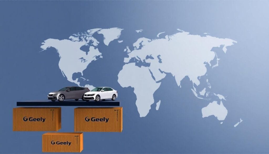 Visualization of Geely Automobile's global export success with shipping logistics and a world map.